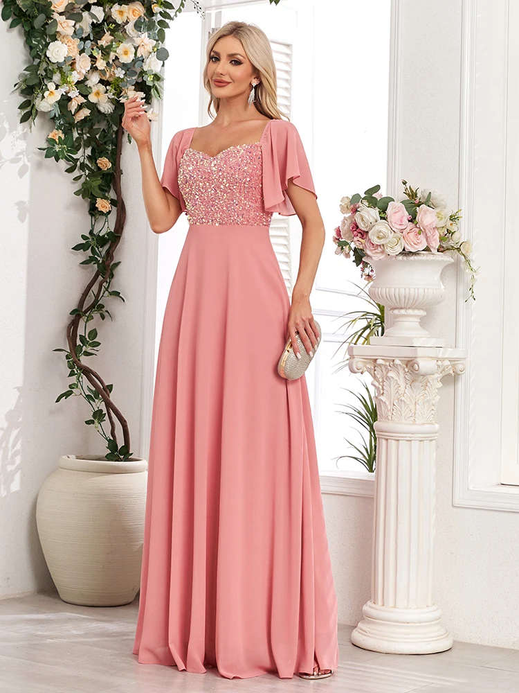 Women Square Neck Short Sleeve Coral Pink Formal Evening Dress A-line Sequin Chiffon Birthday Party Long Dress New