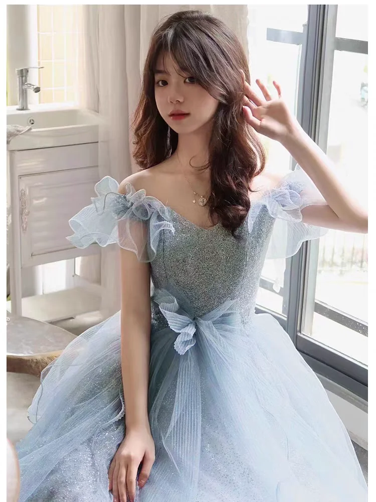 

Ele Blue Evening Gown Princ Sle Long Skirt with Belt ort Sve Adult Ceremony Super Fairy T Princ Dr