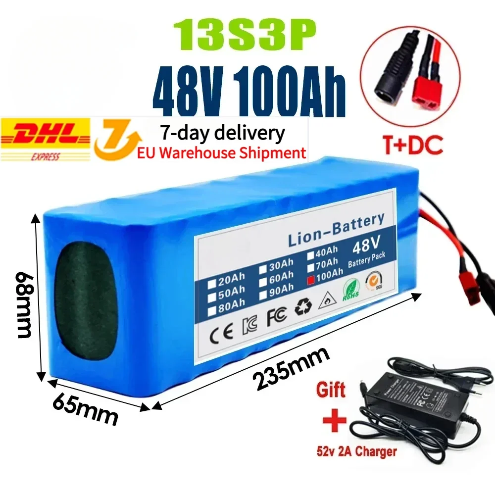 New 48V 100Ah 2000W 13S3P DC/T Lithium Ion Battery Pack Suitable for 48V motors with BMS+54.6V Charger