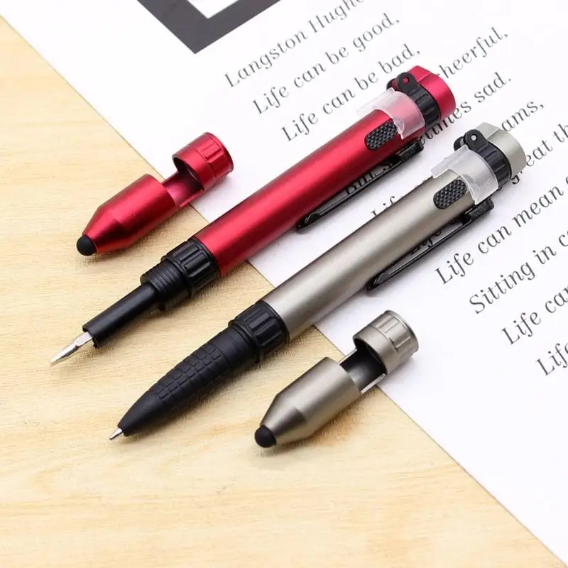 

Multifunctional 5 in 1 Ballpoint Pen Multitool Pen with Compasses LED Light Touching Screen Pen Screwdriver Phone Holder K1KF