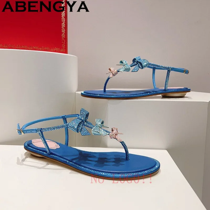 2026 Classic Hot Sale Flip Flop Flat Sandals Woman Crystal Bow Designer Sandals Summer Casual Beach Shoes zapatillas de mujer