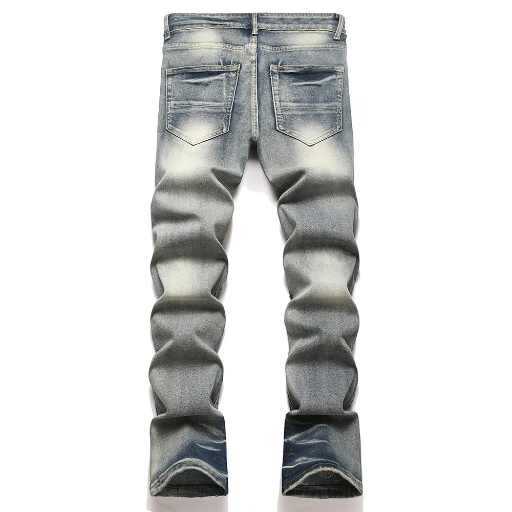 Men Slim Boot Cut Denim Jeans Punk Rivet Patch Stretch Pants Streetwear Blue Flared Trousers