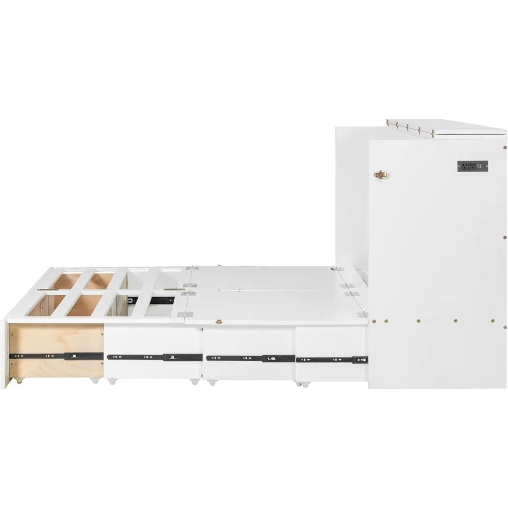 خزانة سرير ميرفي بحجم كوين مع درج تخزين، USB، محطة شحن، سرير مورفي خشبي F