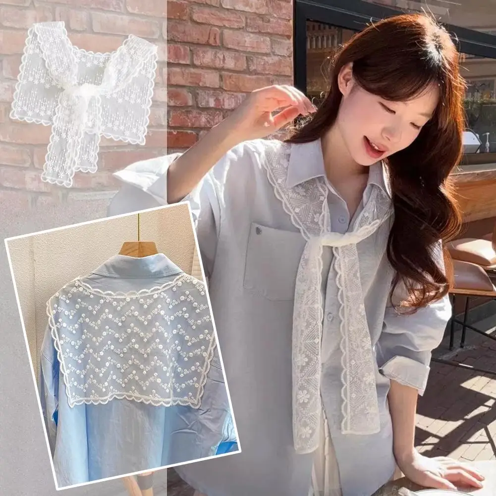 Women Elegant Hollow Lace Mini Shawl Scarf Decorative Collar Wrap Versatile Layering Neck Scarf Shoulder Cape for Shirts Dress