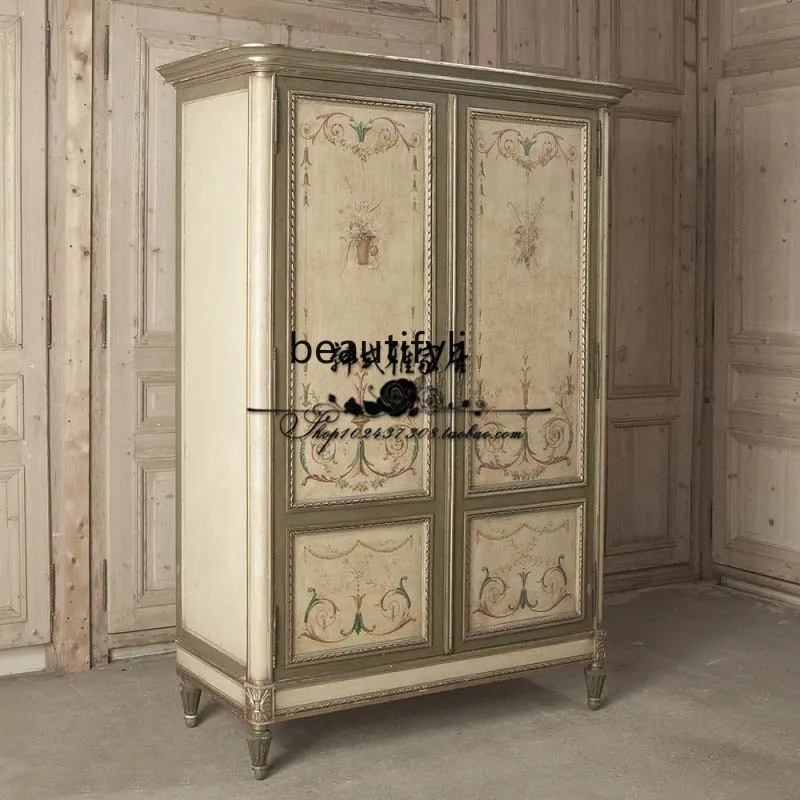 Painted Wardrobe American Style French Style Vintage Solid Wood Wardrobe Antique Light Luxury Wardrobe