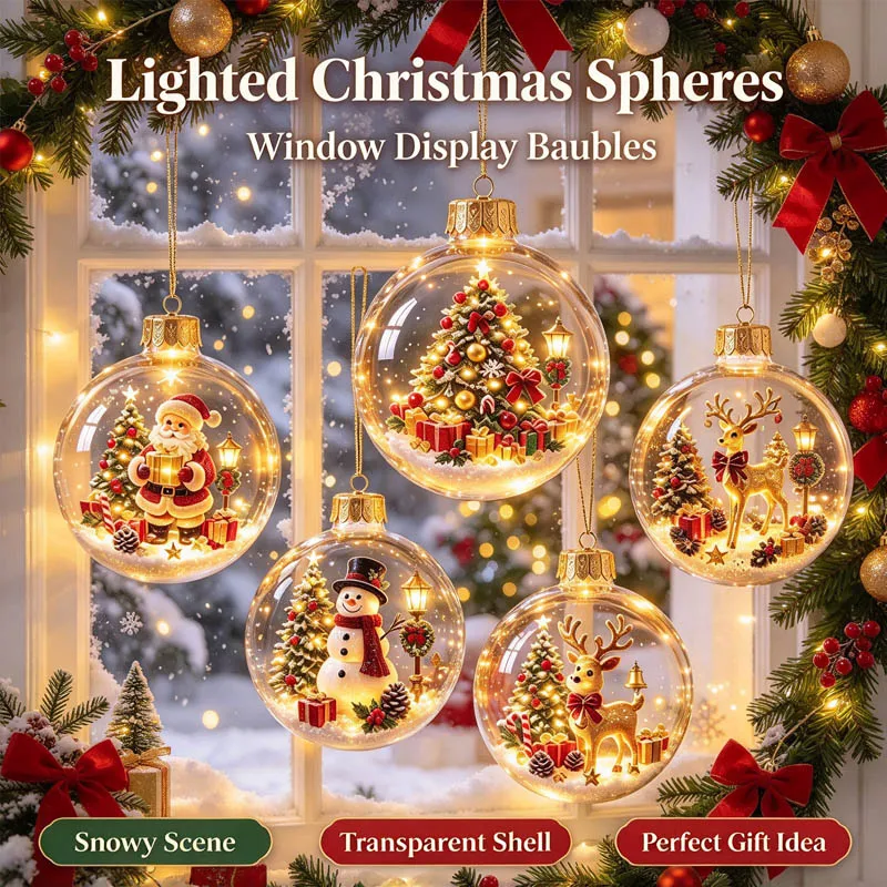 Christmas Transparent Lighted Ball Ornament Acrylic Plastic Clear Bauble Exquisite Cartoon Style Holiday Home Party Decor