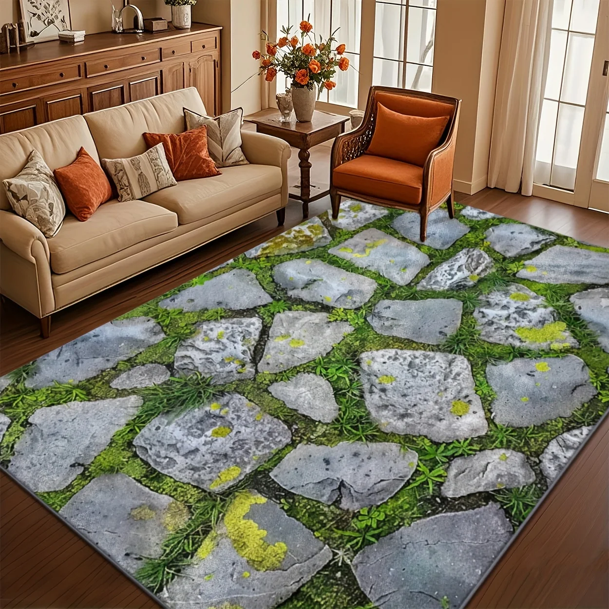 Vintage Stone Path Printed Rug, Moss Cobblestone Pattern Washable Floor Mat for Living Room Bedroom Home Decor