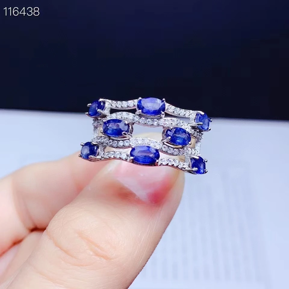 Luxury Blue Sapphire Ring Total 1.6ct 8 Pieces 3mm*5mm Natural Sapphire Silver Ring for Party Birthday Gift for Woman