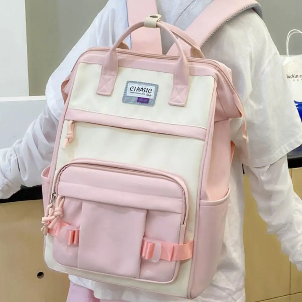 Adjustable Large Capacity Backpack Korean Style Anti-splash Water Casual Nylon Daypack Soft Contrast Color Women School Bag