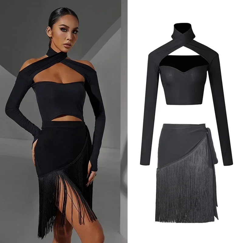 Black Latin Dance Costume For Women Long Sleeves Tops Tassel Skirt Cha Cha Rumba Dance Dress Adult Practice Clothing DNV17443