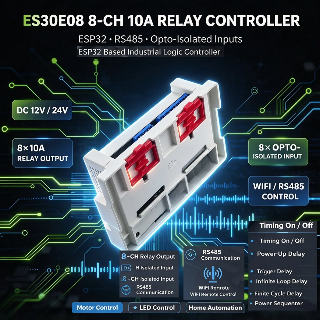 ES30E08 ESP32 Expansion Board DC12V 24V 8CH Opto Isolated NPN DI 8CH 10A Relay RS485 WIFI PLC Industrial Automation Controller