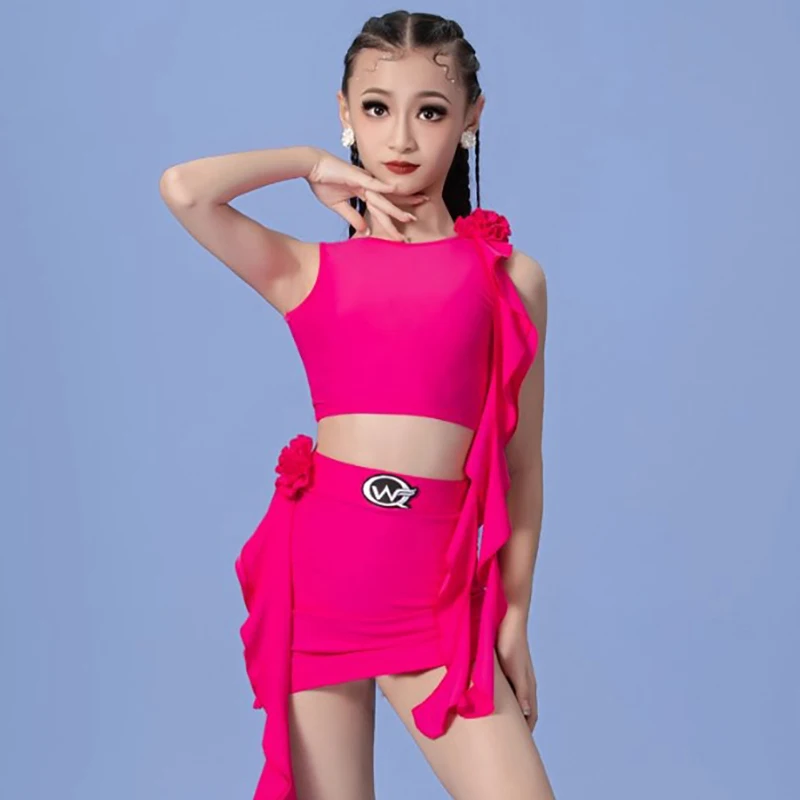 

Детский костюм для латинских танцев, детский профессиональный топ без рукавов и юбка с розами для девочек, танцевальная одежда для соревнований