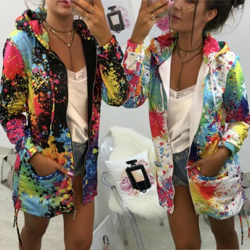 Black Jackets Women Outerwear & Coats Jackets Female Fashion Tie Dyeing Print Outwear Sweatshirt Hooded Zopper Coat harajuku