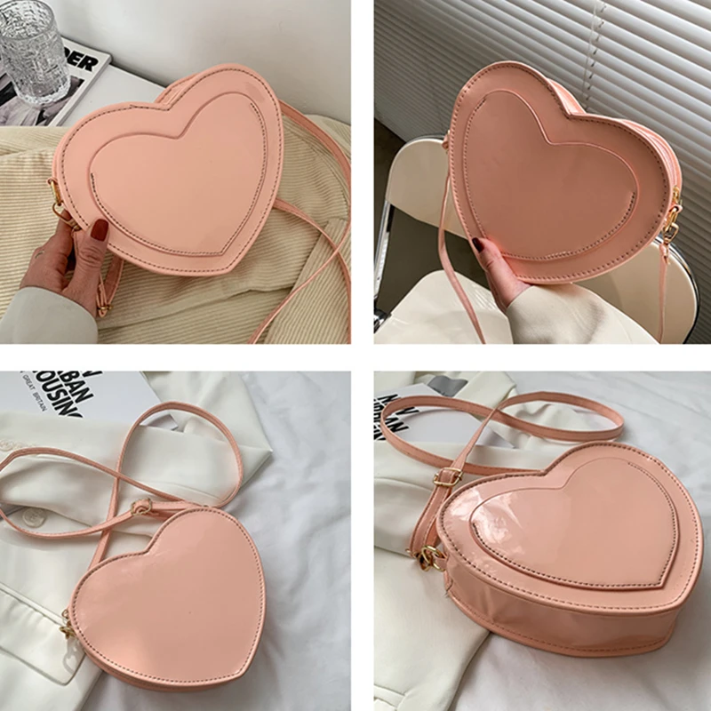 New Women\'s Love Heart Shaped Crossbody Bag Large Capacity PU Leather Fashion Casual Female Solid Mobile Phone Shoulder Handbag