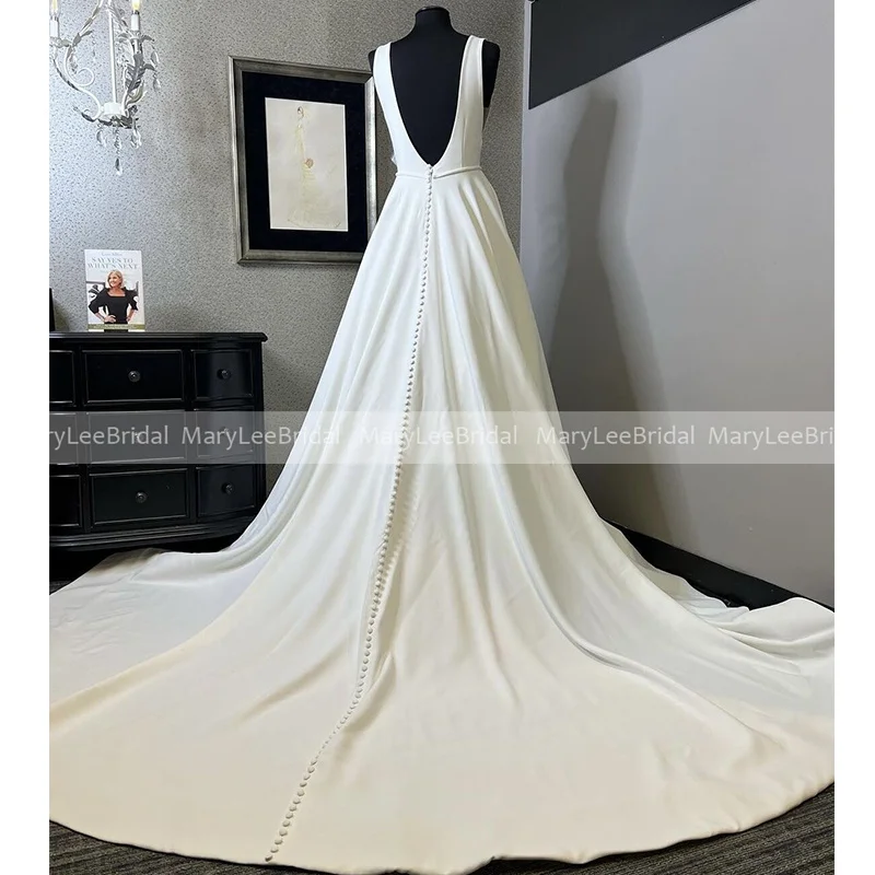 Vestido de novia clásico elegante con escote de Joya, crepé marfil, moda coreana, espalda abierta con botones, Vestidos largos