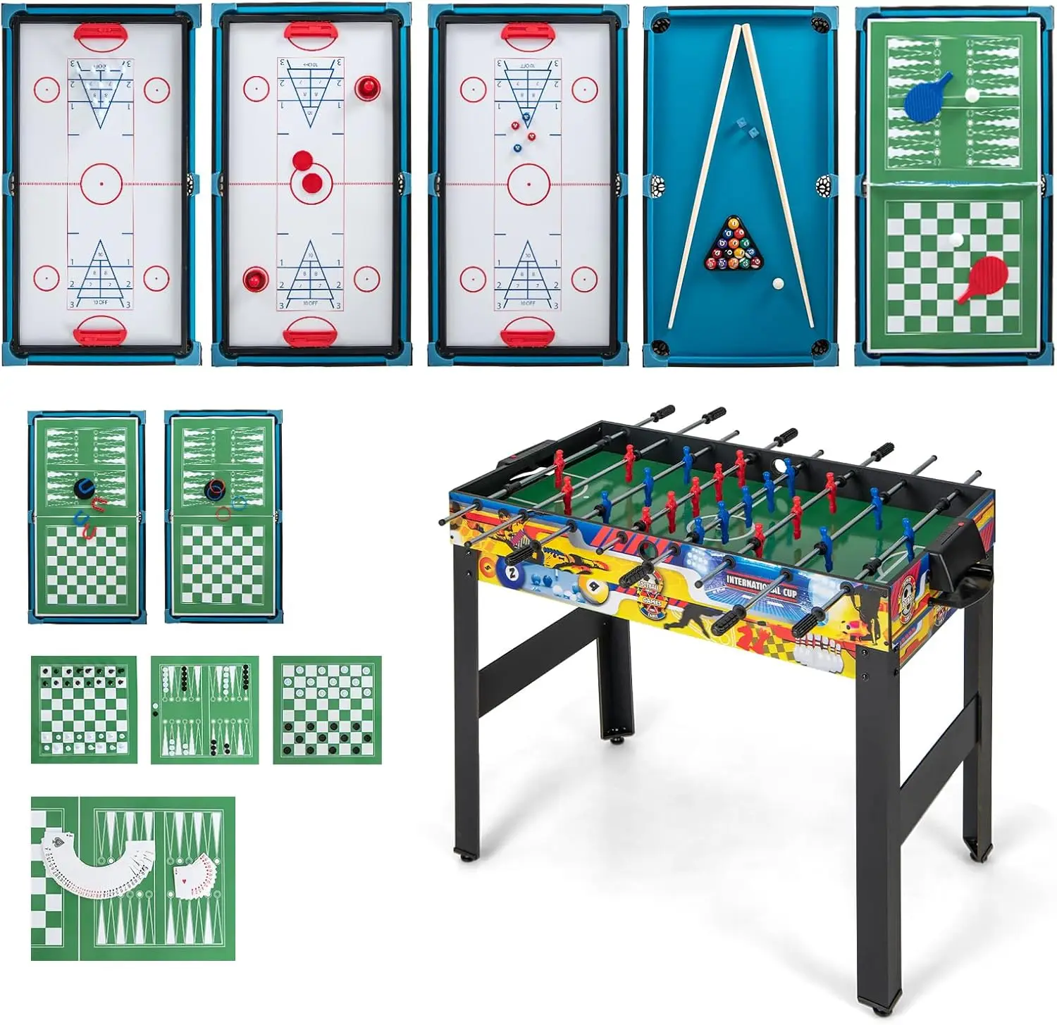 12-in-1 Multi Game Table, Combo Game Table w/Foosball, Billiard, Table Tennis, Air Hockey, Bowling, Shuffleboard, Checkers, Ches