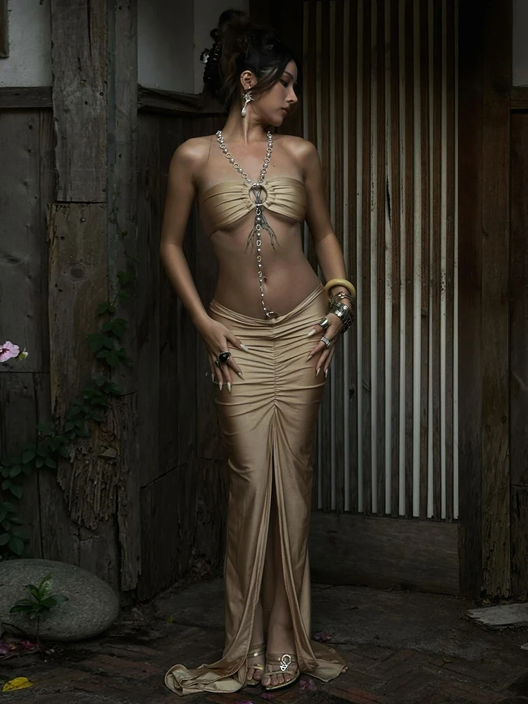 Kliou Sexy Backless Gown Dress Woman Beads Metal Rings Patchwork Off Shoulder High Splits Midnight Prom Party Elegant Vestidos