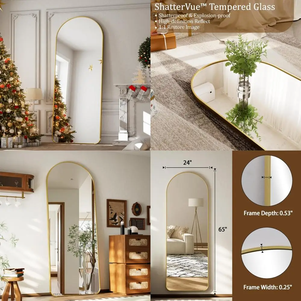 Gewölbter Bodenspiegel in voller Länge, 65 x 24 Zoll, Aluminiumrahmen, Wand- oder Bodenmontage, großer Körperspiegel