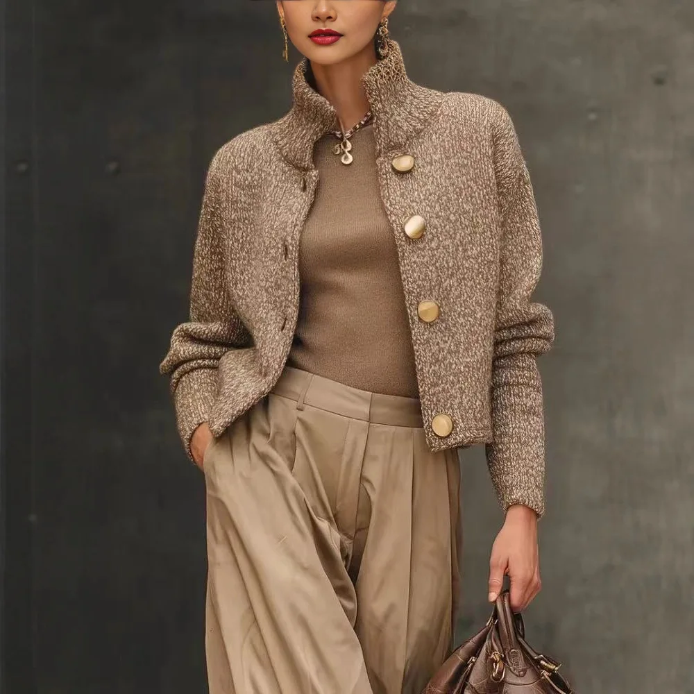 New Fashion Autumn Women's Solid Color Loose Stand Collar Single-breasted Long Sleeve Casual Trendy Knitted Sweater Cardigans