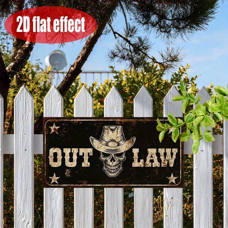 Outlaw Cowboy Skull 2D Flat Printing License Plate Style Metal Tin Sign, Western Retro Themed Decorative Aluminum Sign for Bar,