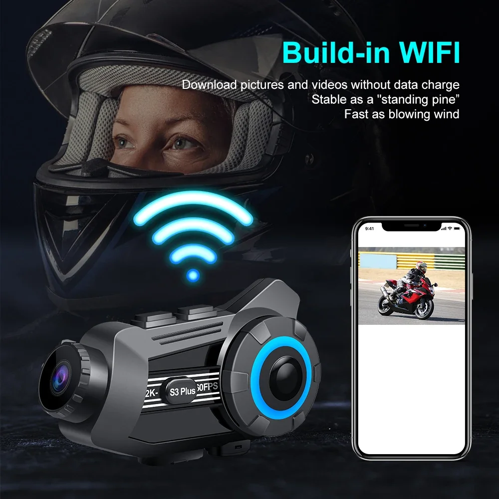 S3PLUS Motorcycle Intercom Helmet Headset Bluetooth 5.1 Wireless Waterproof 6 Riders 1440P 2K Video WiFi Motorcycle Dash Cam DVR