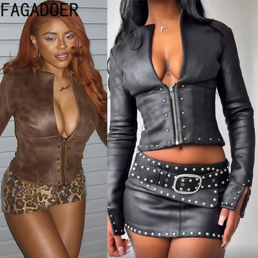 

FAGADOER модная кожаная лоскутная куртка в стиле панк, готика, женское укороченное пальто на молнии с низкой грудью и заклепками и длинными рукавами, женская уличная одежда, новинка 2023 г.
