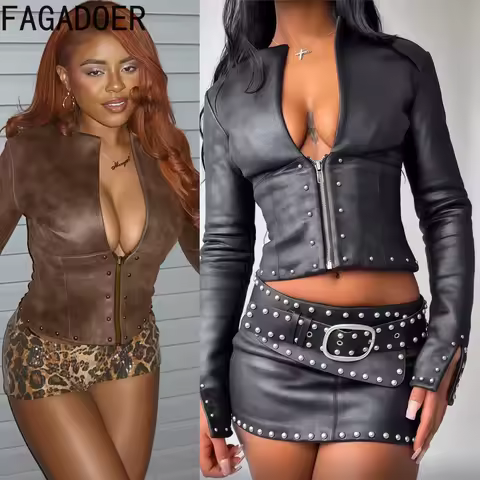 FAGADOER Punk Gothic Fashion Leather Patchwork Jacket Women Zip Low Chest Rivet Long Sleeve Crop Coat Female Streetwear 2025 New