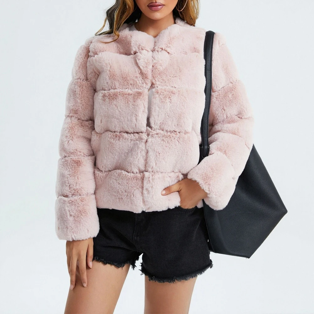 

Женская зимняя модная куртка из искусственного меха, повседневная однотонная уличная одежда на молнии с открытой передней частью и длинными рукавами