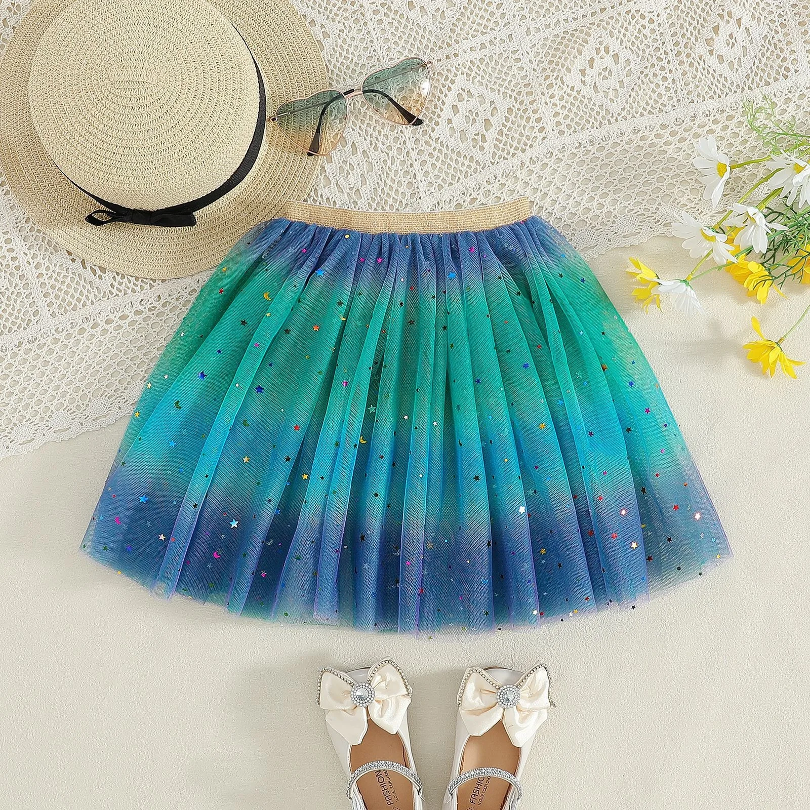 2025 New Girls Tulle Star Short Rainbow Tutu Skirt Children Fancy Ballet Dancewear Party Costume Ball Gown Mini Skirt 2-8Y