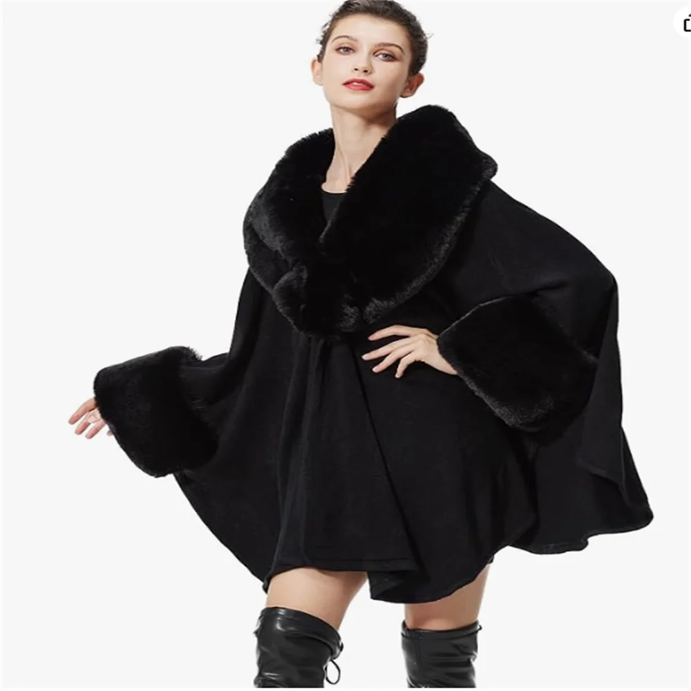 

7 Color Women Big Faux Fur Neck Cardigan Cape Poncho Winter Thick Warm Loose Batwing Sleeves Long Cloak Big Pendulum Street Wear