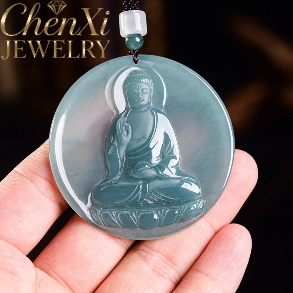 

Burma A Jadeite Amitabha Buddha Pendant Round Blue Ice Jade Carved Necklace Charm Jewelry Zodiac Dog Pig Fashion Stone Accessory