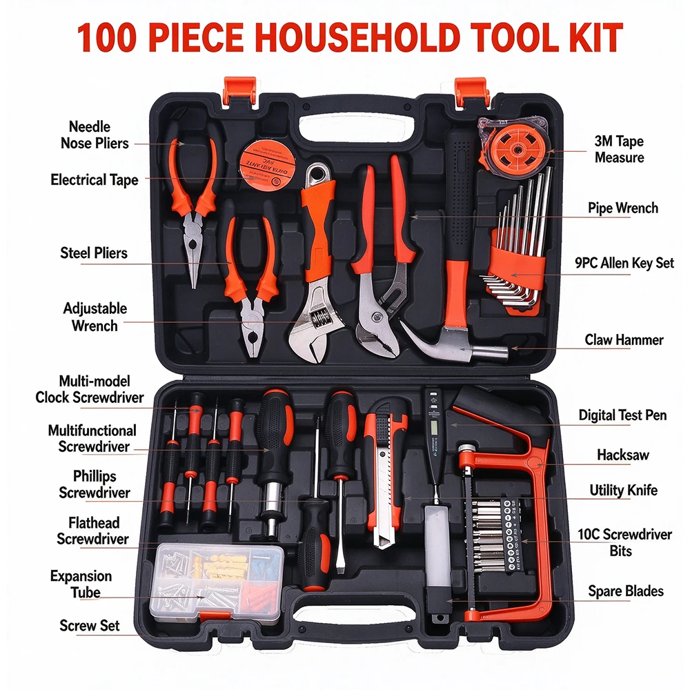 Household Hand Tool Kit Hardware Toolbox,Hex Key Set with LongNose Pliers Screwdrivers Test Pen for Electrician Woodwork Repair