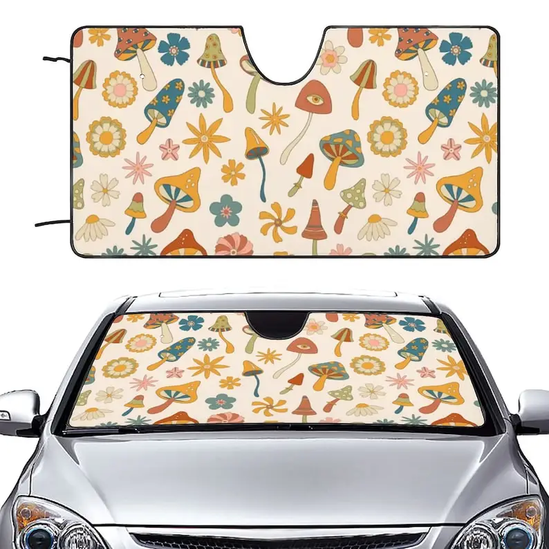 Parasole per auto con foto di fiori di funghi, parabrezza e parasole dal design divertente, regalo per la decorazione dello schermo dell'auto