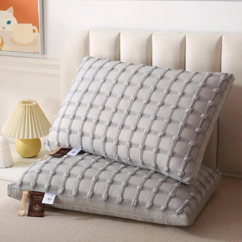 Pillow Core A Single Pack Hotel Household Protect Cervical Spine Student Dormitory Wash White with Water Grid Printing Pillow