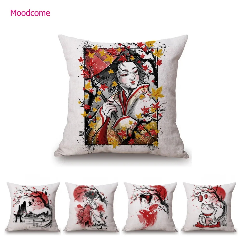 Traditional Japanese Red Black Ink Painting Mount Fuji Sakura Geisha Samurai Scenery Art Throw Pillow Case Linen Cushion Cover