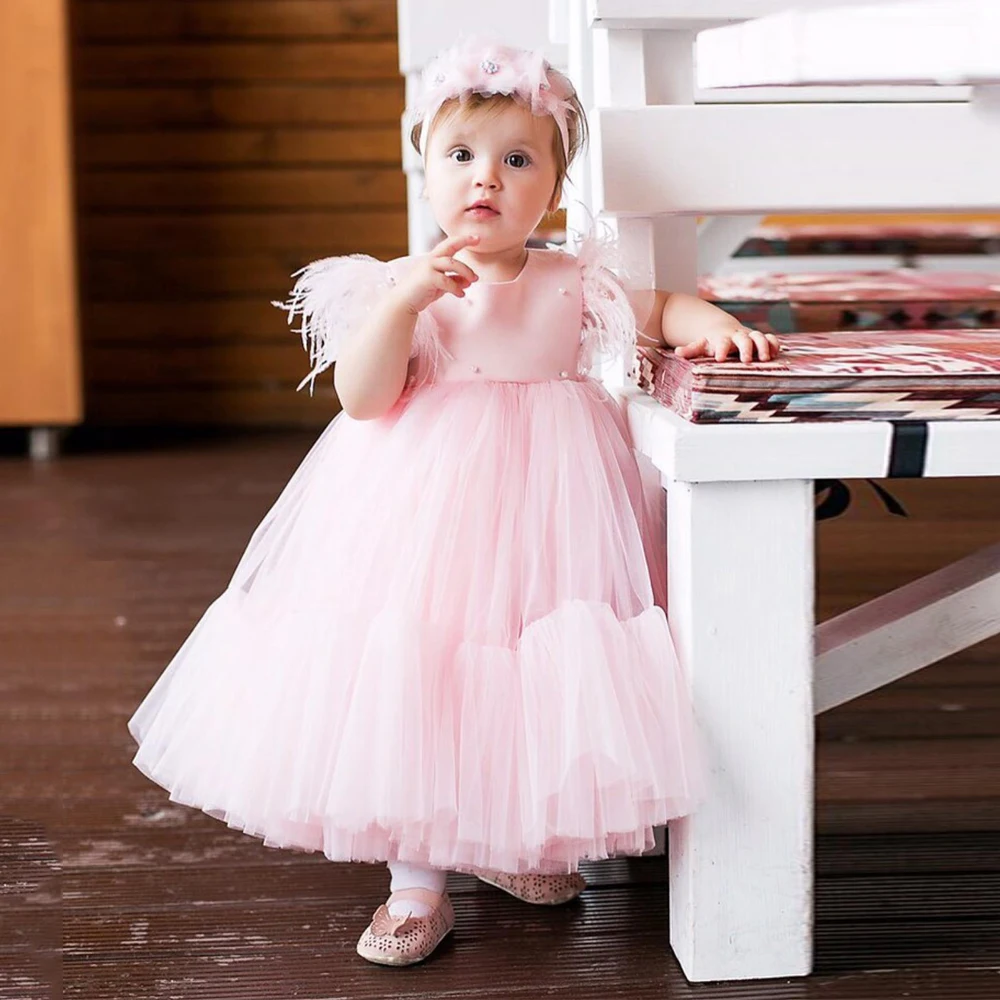 Yipeisha Lovely Baby Girl Birthday Party Dresses O Neck Pearls Feathers Pink Pageant Gown Ankle Length Toddler Flower Girl Dress