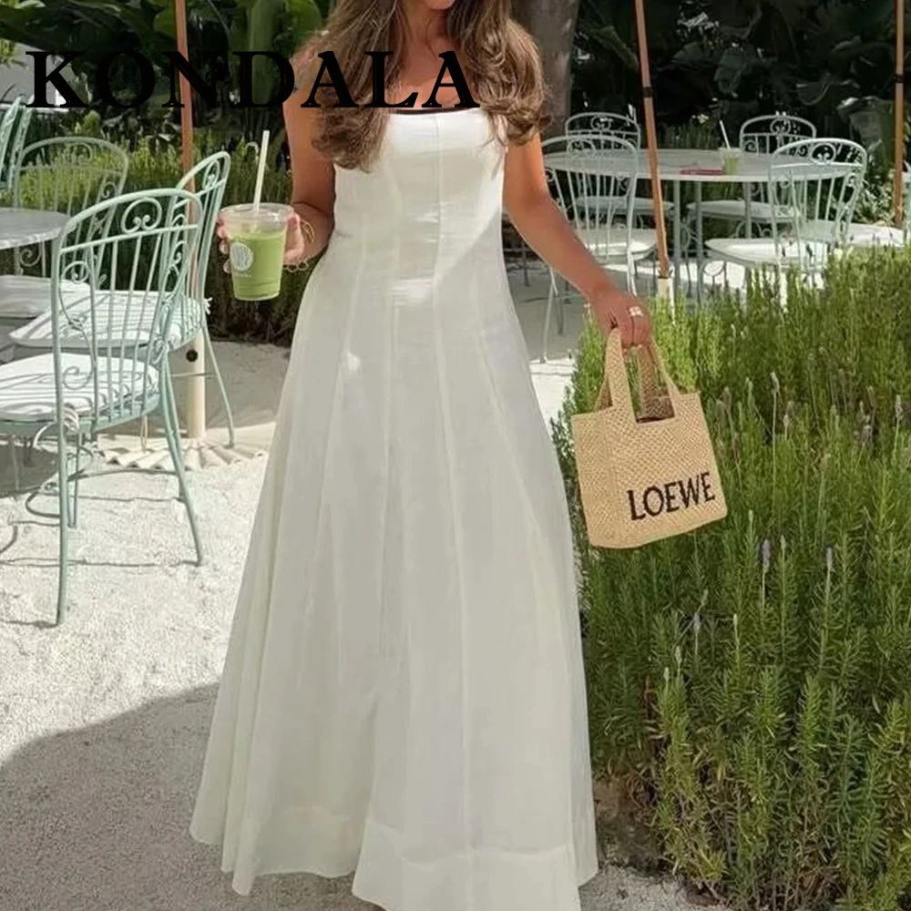 KONDALA Chic Woman Dress Fashion 2025 Summer Mini Sleeveless Holiday Square Collar Dress Pleated Female Party White Vestidos