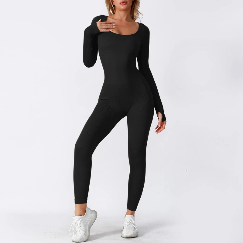 Women Skinny Jumpsuit Solid Color Ribbed Knit Long Sleeve Square Neck Bodycon Jumpsuit Romper Work Out Sport Yoga Playsuits