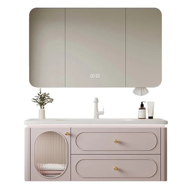 #q All-in-One Modern Wall-Mounted Wooden Vanity Combo Faucet Ceramic Basin Lighted Mirror Lacquer Finish Waterproof Hote