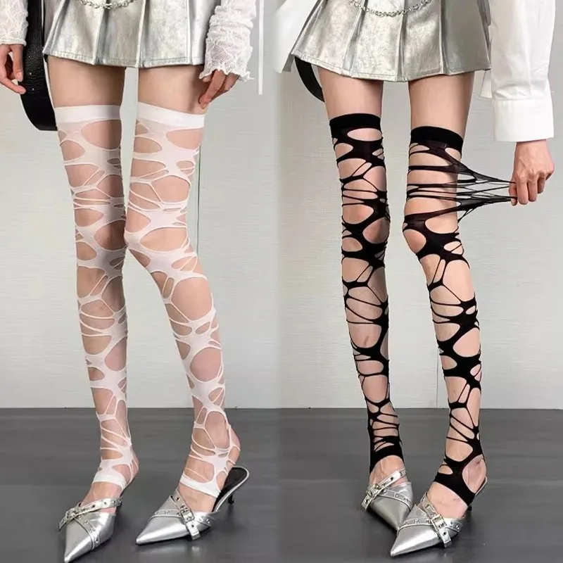 ถุงน่องตาข่ายสไตล์พังก์ญี่ปุ่นสำหรับสาวๆ สีขาว โลลิต้า ถุงน่องขาดๆ ถุงเท้าปาร์ตี้ ยุค Y2K กอธิค ถุงน่องสีดำสำหรับผู้หญิง