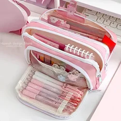Girls School Supplies Pink Aesthetic Pencil Bag Large Capacity Pencil Cases Cute Korean Stationery Holder Bag Zipper Pencil Case