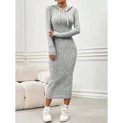 2026 Autumn Winter Women Ribbed Hooded Dress Elegant Chic Long Sleeve Corset Slim Knitted Bodycon Hoodies Pencil Dress Street