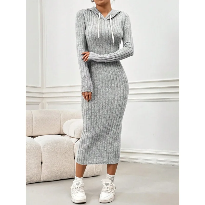 2024 Autumn Winter Women Ribbed Hooded Dress Elegant Chic Long Sleeve Corset Slim Knitted Bodycon Hoodies Pencil Dress Street