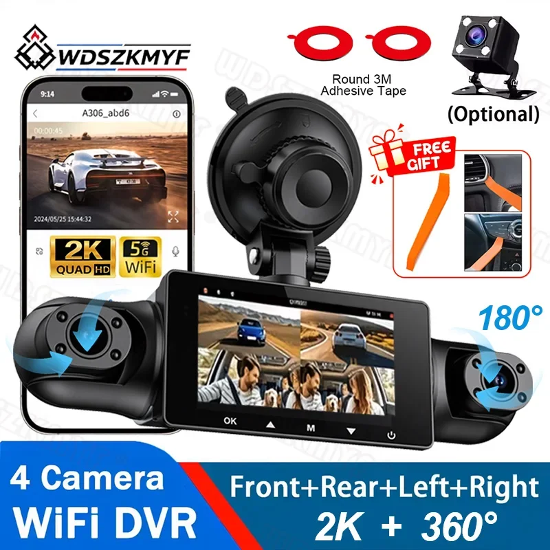 2K Dashcam 4 Channels WiFi Car DVR Dashboard Cameras for Car Way Back Box Parking Mode 24H Front and Rear Interior 360 Dash Cam
