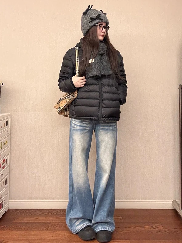 

Американские винтажные джинсы-брюки из денима для женщин, зимние, с высокой талией, свободные, прямые, в пол