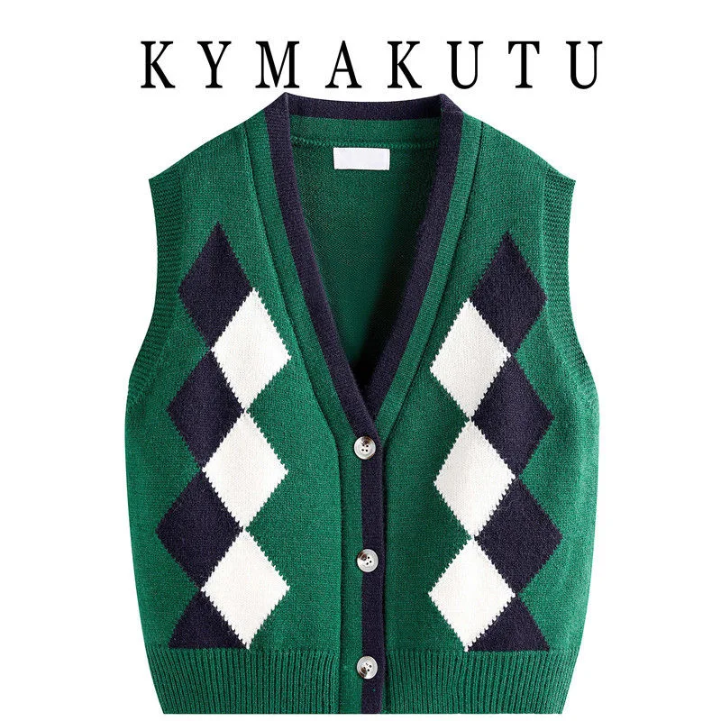 Spring Autumn Women's V-neck Knitted Cardigan Sweater Vest Design Sense Layering Backless Button Regular Length Checkered