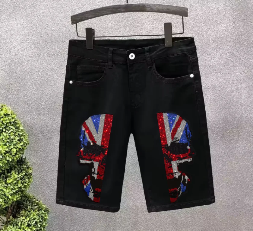 Rhinestone jeans Classic High-Quality  Sharp Men Denim Shorts Embellished In Rhinestones For  Cool Look