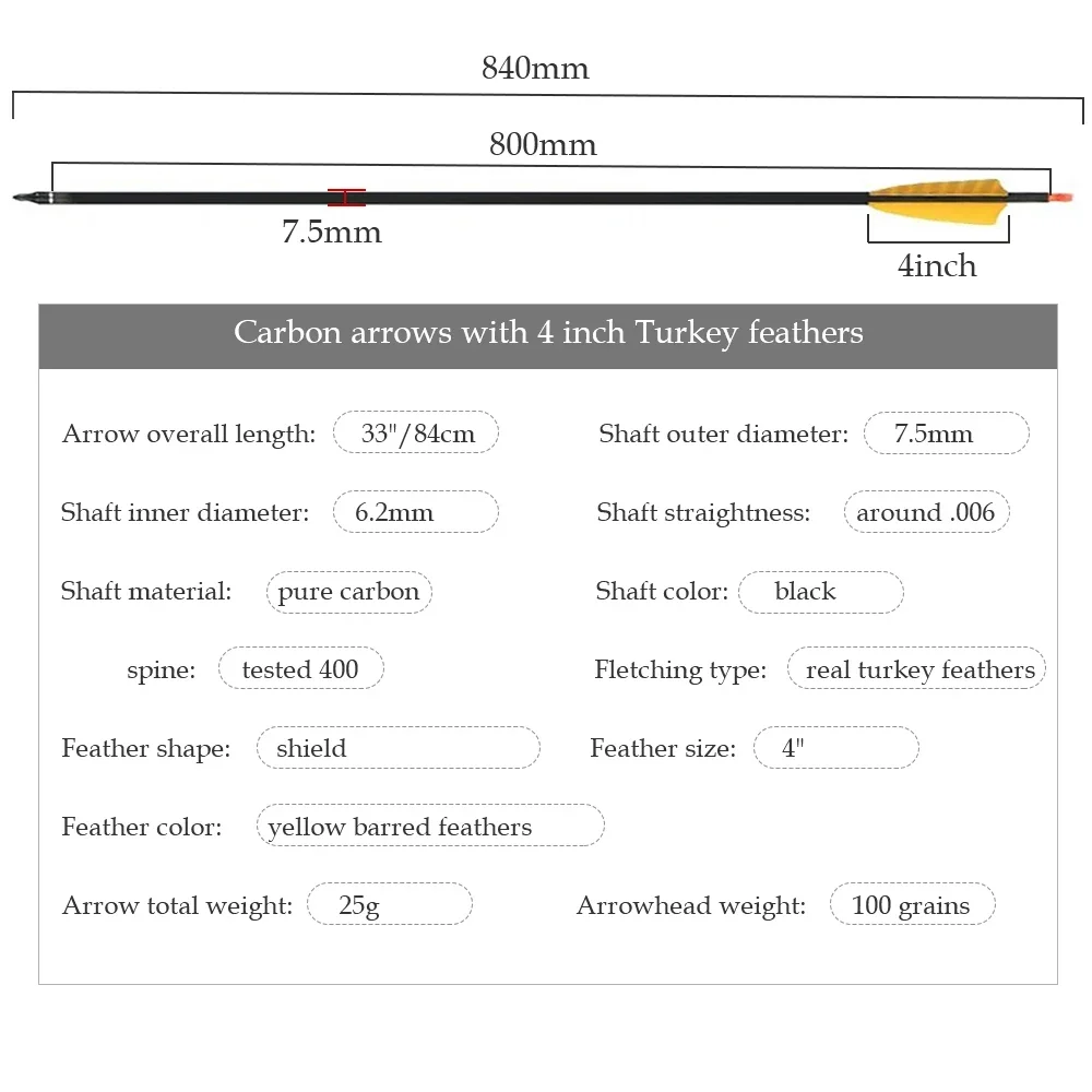 Boogschieten Pijl Zuivere Koolstof Pijl 32Inch Wervelkolom 400 Id 6.2Mm Verstelbare Nock Met Turkije Veer Voor Boogschieten Schieten jacht