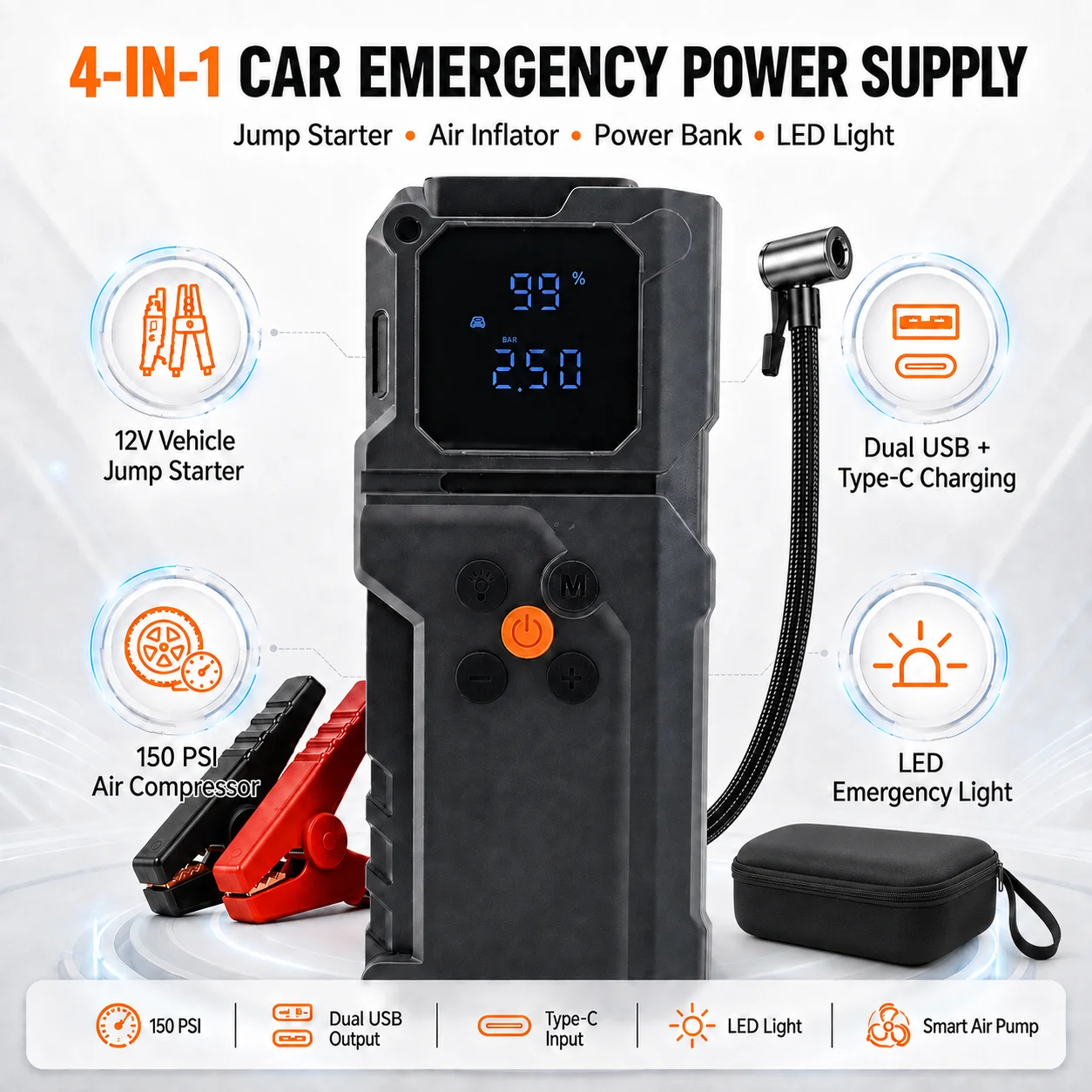 Car Jump Starter Power Bank Portable Air Pump Tire Air Compressor Car Battery Emergency Boosters Starting Device with LED Light