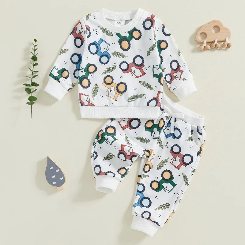 

RUEWEY От 0 до 3 лет Комплекты штанов для маленьких мальчиков Весенне-осенняя одежда Топы с длинными рукавами и узором трактора + комплект штанов Теплая одежда для малышей